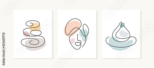 Beauty spa posters. One line vector illustration. Stone massage, face treatment and drop of water.