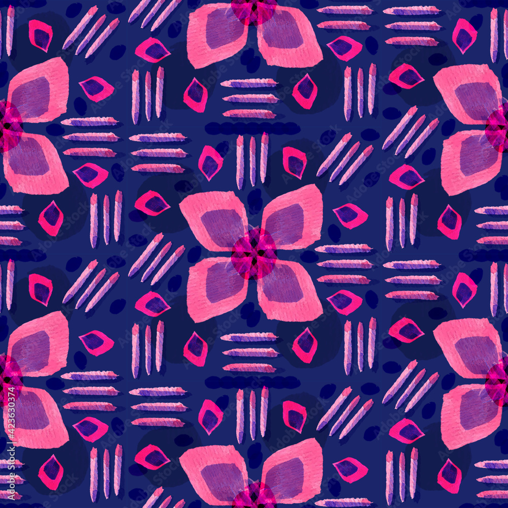 seamless pattern with flowers. Collage of petals creating 4 petal flower surrounded by stripes and single petals seamless pattern with flowers. Collage of petals creating 4 petal flower surrounded by stripes and single petals