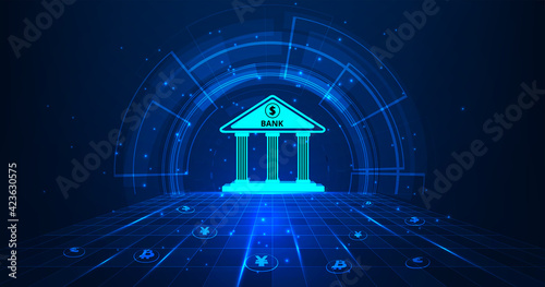 Banking Technology concept.Isometric illustration of bank on dark blue technology background. Digital connect system.Financial and Banking technology concept.Vector illustration.EPS 10.