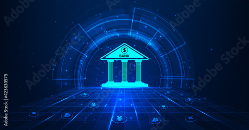 Banking Technology concept.Isometric illustration of bank on dark blue technology background. Digital connect system.Financial and Banking  technology concept.Vector illustration.EPS 10.