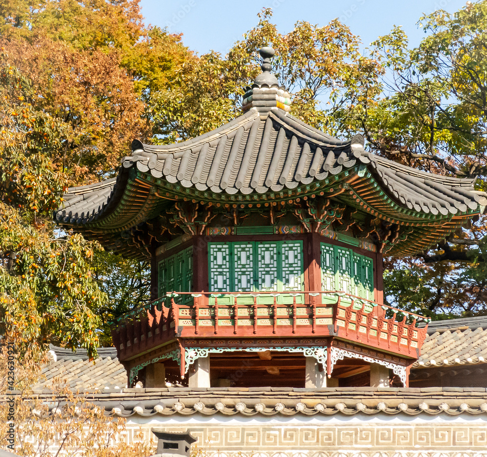 The wooden, carved and colorful pavilion in Changdeokgung Palace in Seoul, South Korea The wooden, carved and colorful pavilion in Changdeokgung Palace in Seoul, South Korea