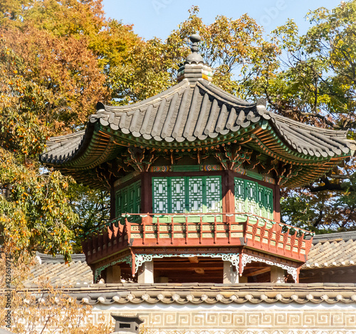 The wooden, carved and colorful pavilion in Changdeokgung Palace in Seoul, South Korea