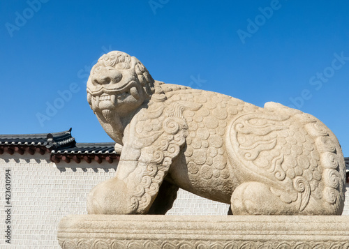 Sculpture of a lion, as it was imagined by the ancient Koreans, in the medieval Gyeongbokgung Palace in Seoul, South Korea