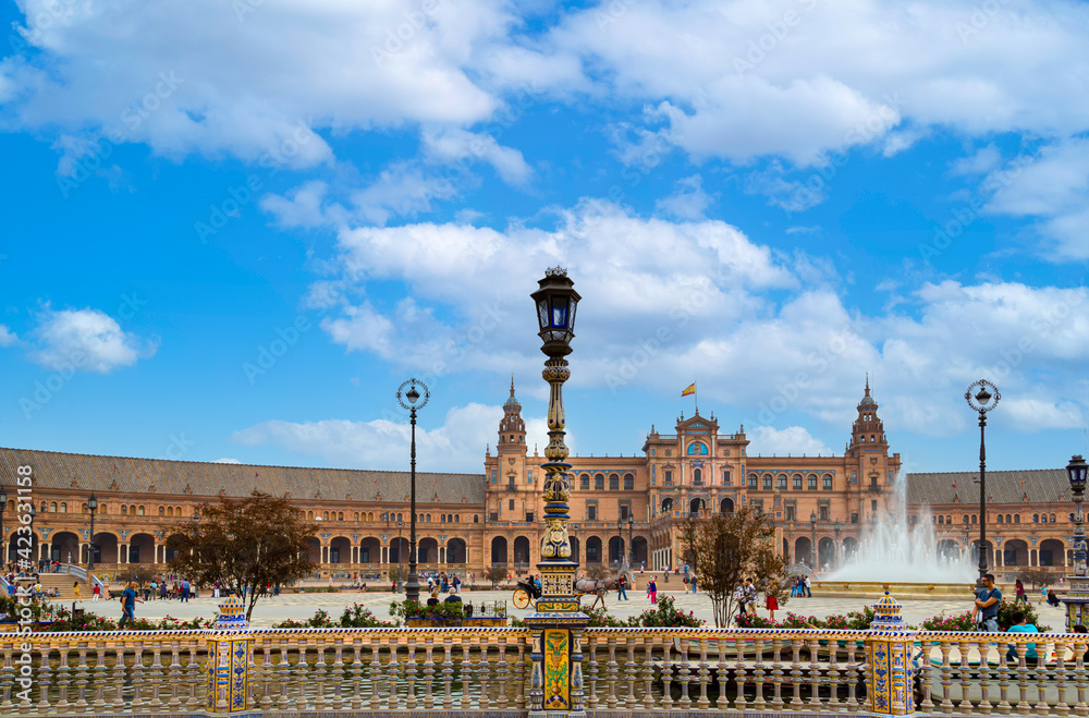 A landmark attraction Plaza de Espana, a plaza in the Parque de Maria Luisa in Seville historic city center