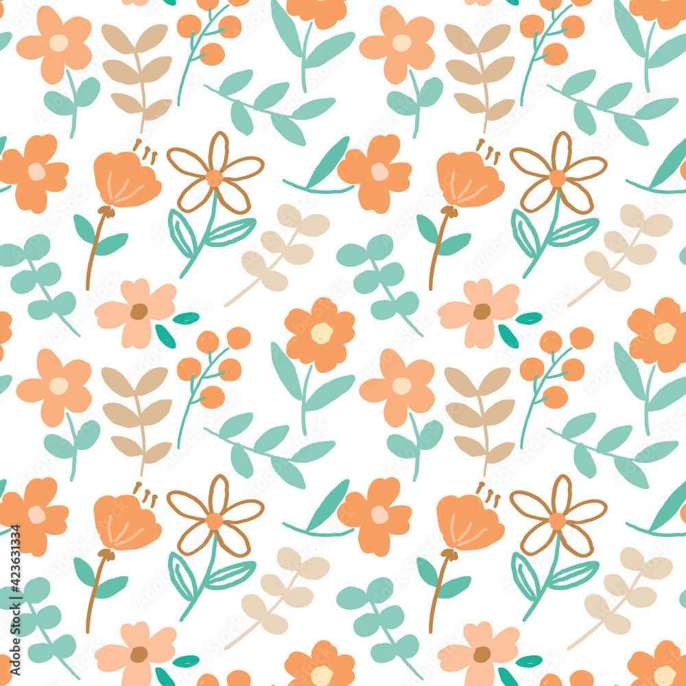 Seamless Pattern of Flower and Leaf Illustration Design on White Background