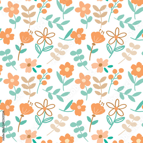 Seamless Pattern of Flower and Leaf Illustration Design on White Background