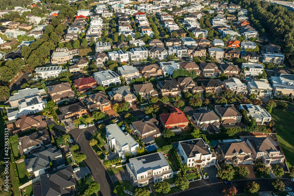 High angle aerial view of an upmarket neighbourhood, Sydney, Australia.