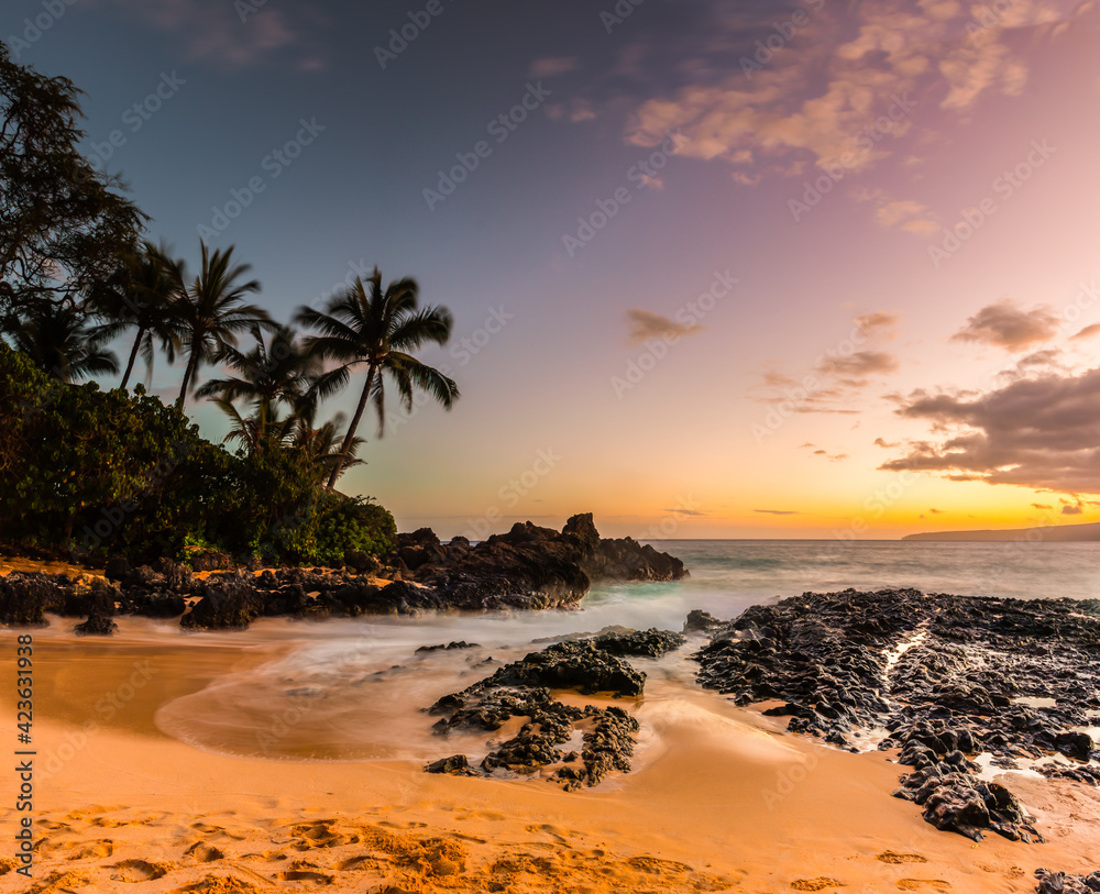 Sunset at Paako Cove aka Secret Beach With Kaho'olawe Island in the Distance, Maui, Hawaii, USA