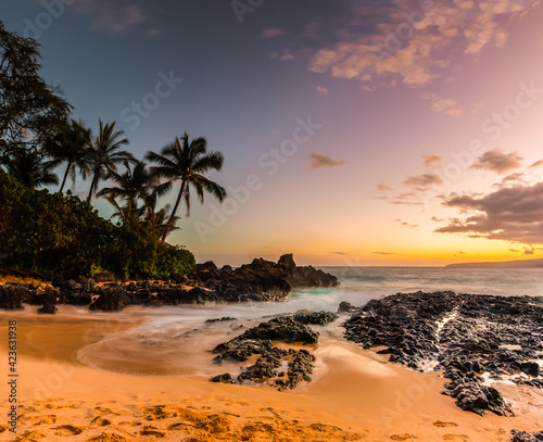 Sunset at Paako Cove aka Secret Beach With Kaho'olawe Island in the Distance, Maui, Hawaii, USA