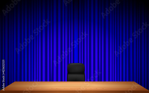 wooden table and chair blue curtai background in the hall