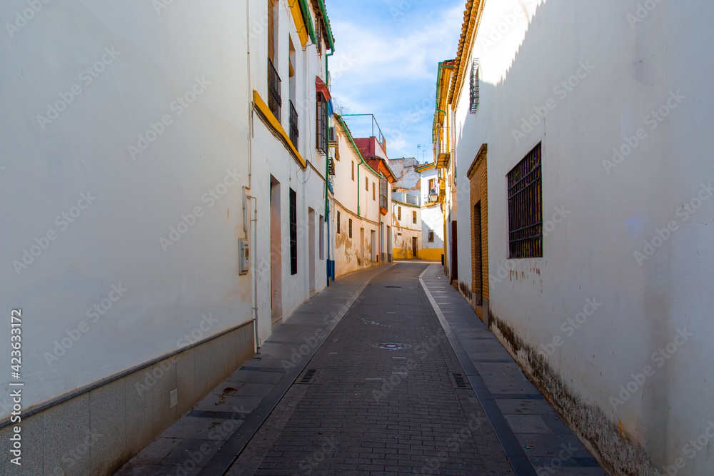 Cordoba streets on a sunny day in historic city center near Mezquita Cathedral