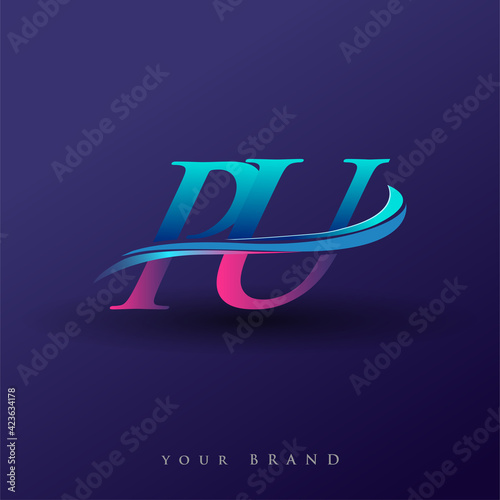 PU initial logo company name colored blue and magenta swoosh design, isolated on white background. vector logo for business and company identity.