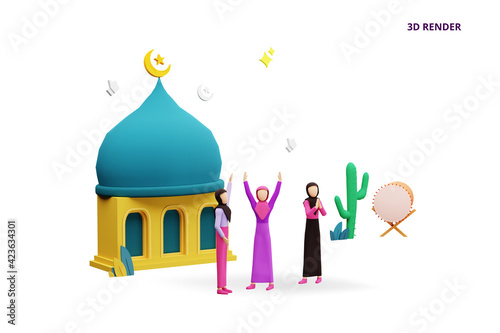 3D render ramadan mubarak greeting concept with people character for web landing page template, banner, presentation, social, and print media. islamic eid fitr or adha flat design vector illustration