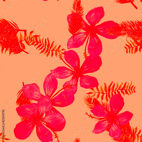 Pink Seamless Painting. Red Pattern Design. Ruby Tropical Nature. Scarlet Flower Texture. Coral Drawing Plant. Spring Hibiscus. Flora Background. Floral Hibiscus.