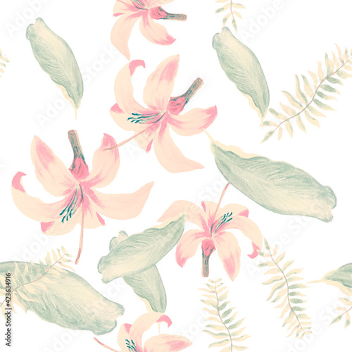 Pink Tropical Botanical. Coral Seamless Botanical. Gray Pattern Nature. Yellow Floral Leaves. Flower Leaf. Decoration Vintage. Drawing Plant. Spring Palm.