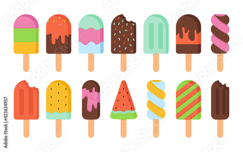 Ice cream collection. Colorful bright ice cream for children. Vector stock illustration. Summer dessert snacks collection. Sweet design elements, isolated on white background.