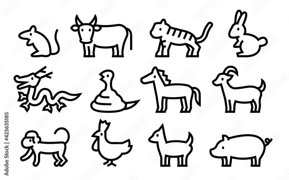 Chinese Zodiac illust Vector Set (Bold outline version)