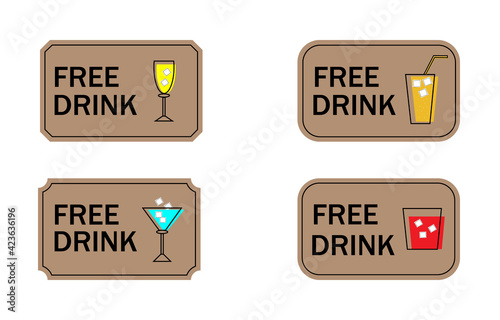 Vintage vector party ticket set showing free drinks badge tickets
