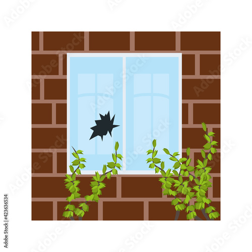 Broken window. Damaged or cracked glass. Sharp shards. Brick wall building facade with plants. Abandoned house. Vector