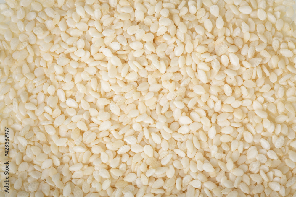 Close-up of white sesame for background.