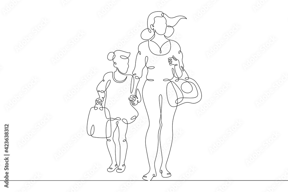 Mother with her daughter for a walk. Family shopping trip. Motherhood.