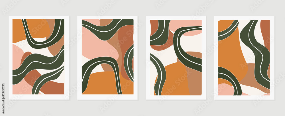 Obraz premium Abstract wall arts vector background collection. Earth tones Hand drawn organic shape art design for wall framed prints, canvas prints, poster, home decor, cover, wallpaper.