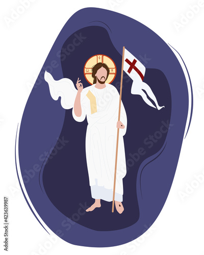 Christ Victorious Icon. Religious holiday - the Resurrection of Christ. He conquered death and was resurrected. Christ stands with the flag of victory and a gesture of blessing. Vector illustration
