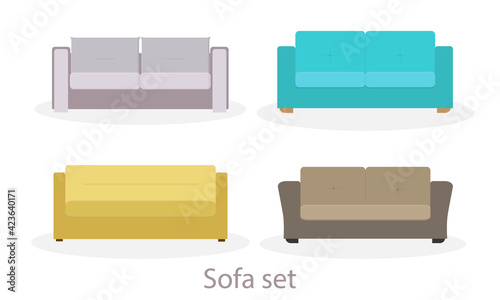 A set of sofas in different colors and modern style. Minimalistic furniture style. Flat vector illustration