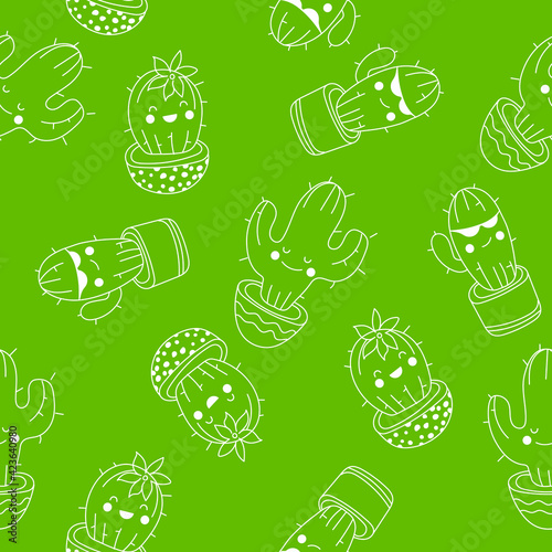 Seamless pattern with cacti in doodle style on green. 