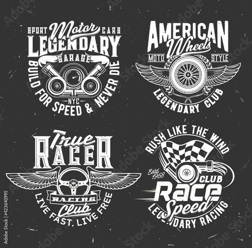 Car rally race tshirt prints with vector checkered flag, vehicle steering wheel and cannons with typography on black grunge background. Racing and motorsport championship t shirt prints or labels set