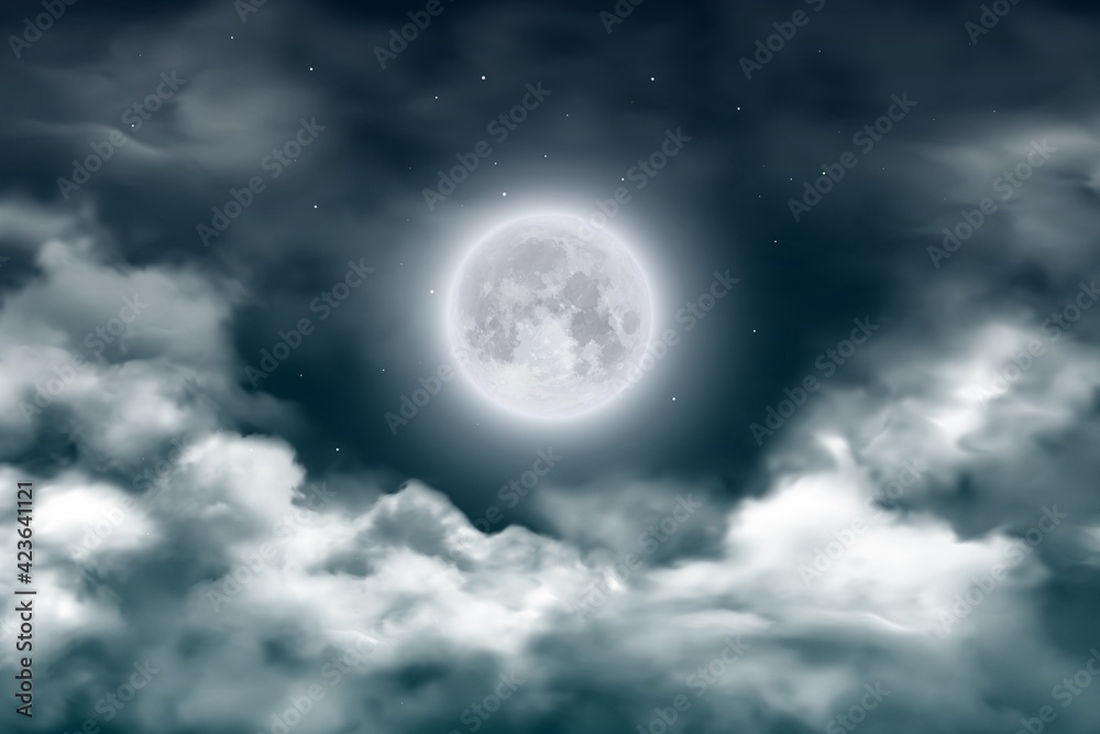Moon in night sky with clouds and stars. Vector realistic full moon on dark midnight heaven. Starry outer space with bright glow satellite planet and moonlight at mystical fog. 3d twilight landscape