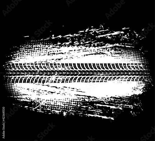 Tire print tracks of car wheels on road, motorcycle races vector dirt grunge background. White tire track prints on black, bike tread trucks on dirty mud pattern, rubber tyre traces