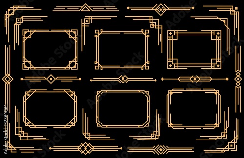 Art deco vector elements line borders, frames, dividers and corners. Decorative geometric victorian style design, elegant vintage symbols, old antique bordering isolated on black background, icons set