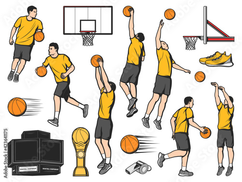 Basketball players and sport game equipment items, vector icons. Basketball or streetball basket and player dunk with ball, team male athletes jumping and dribbling ball, scoreboard and cup award