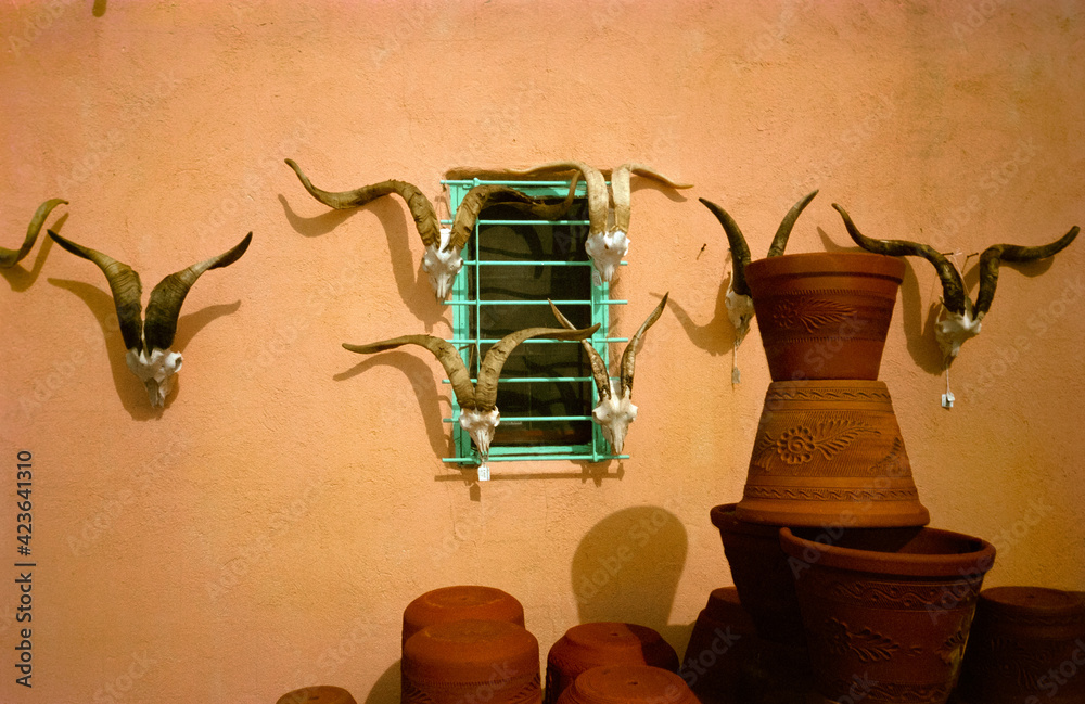 Fototapeta premium Antelope skulls and horns adorning an adobe wall with pottery in the foreground. Santa Fe, New Mexico, 1993