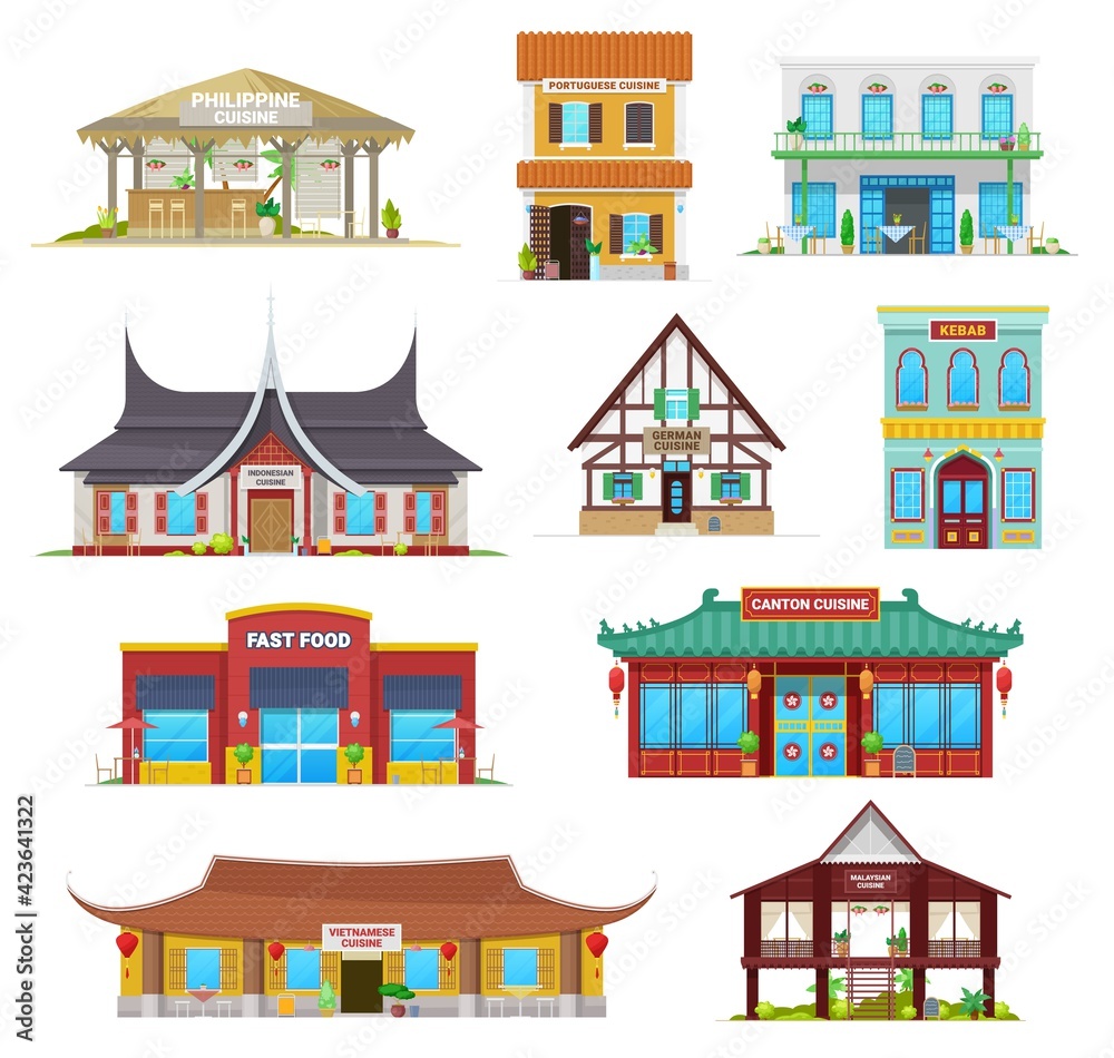 National cuisine restaurant buildings vector icons. Philippine, portuguese and indonesian, german, kebab and fast food, canton, vietnamese or malaysian traditional architecture, national cafe houses