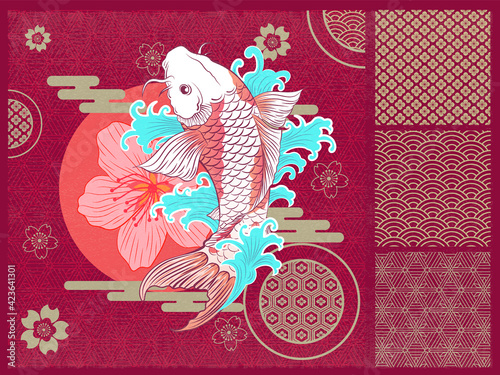 Abstract Art Japanese Flying KOI Carp Fish with Water Splash Surrounded and Vector Graphics Ornaments With Traditional Motives, Sun with Flower, Golden Simple Clouds Template Design for Wrapping Paper