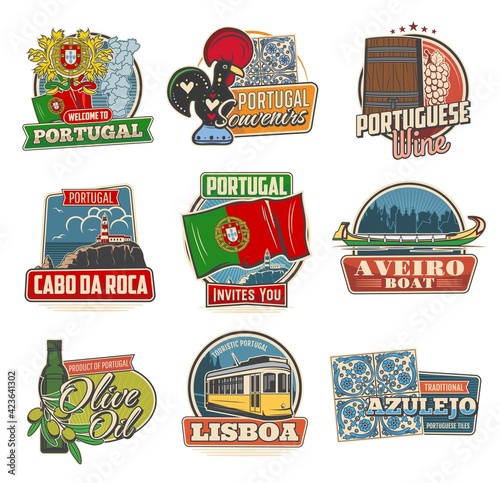 Portugal travel vector icons. Portuguese national coat of arms, beacon building and map. Portugal wine, flag and aveiro boat with olive oil, train and azulejo travel landmarks retro icons set