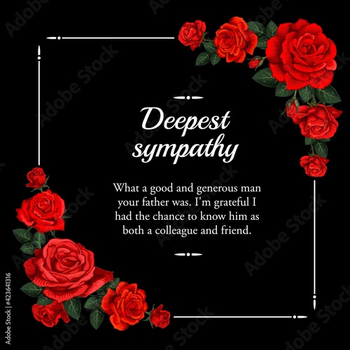 Funeral vector card with red rose sketch flowers. Obituary poster with engraved floral decoration, deepest sympathy typography. Vintage card with blossoms border, funeral frame with roses and leaves