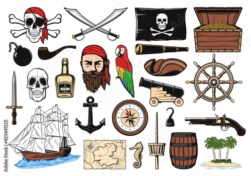 Pirate set with vector icons of captain, ship, map and hook, treasure chest, skull, barrel and rum. Helm, compass, parrot and anchor, gold coins, black flag and eye patch, spyglass, cannon and sword