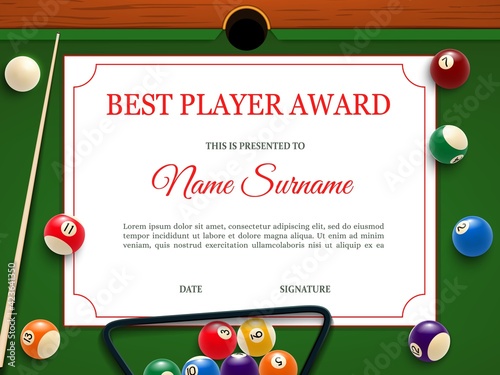 Billiard tournament best player diploma or certificate template. Billiards competition, snooker championship or club contest winner diploma with balls, cue and triangular rack on table vector