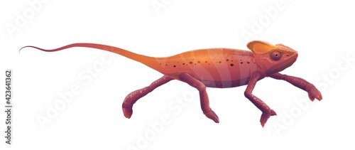Chameleon vector icon, cartoon lizard with red striped skin, long tail and telescopic eyes walking isolated on white background. Wild animal, pet reptile, exotic chameleon tropical predator creature