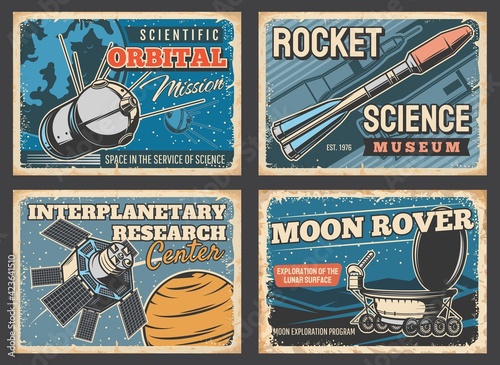Space rocket, astronaut rocket and moon rover posters, vector retro vintage. Spaceship flight and universe exploration, interplanetary research center, outer space science and aerospace technology