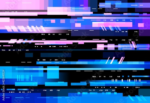 Glitch screen with pixels digital noise, vector background. No signal, distortion and glitch effect on display, neon blue red interference on TV or computer display, VHS video television