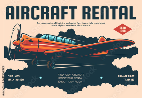 Aircraft rental plane flight training retro poster, private pilot service. Vintage airplane or propeller plane rental, aviation school and booking web site or landing page template