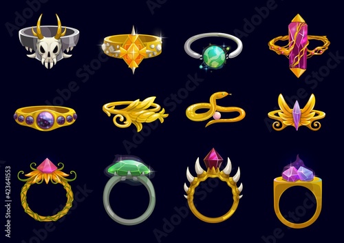 Magic rings and fantasy jewelry cartoon vector design of game user interface or ui. Wizard or witch gold jewels with precious gems, diamonds, ruby and crystals, skulls and monster teeth