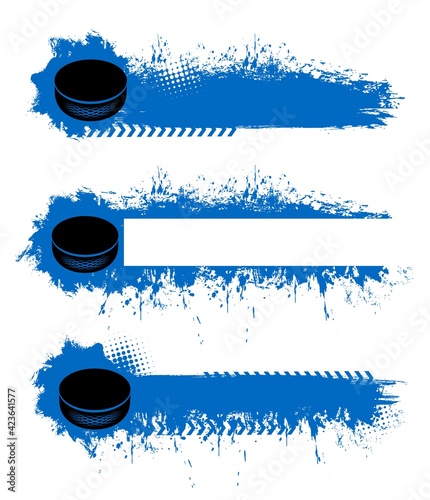 Ice hockey championship blank banners templates with rubber puck, blue paint or ink splatters, stains and smudges strokes, half tone vector texture. Ice hokey league game, team cup match icons