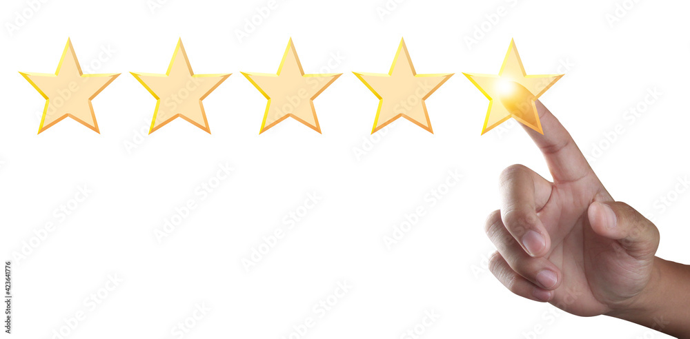 Hand of touching rise on increasing five stars. Increase rating evaluation classification concept Hand of touching rise on increasing five stars. Increase rating evaluation classification concept