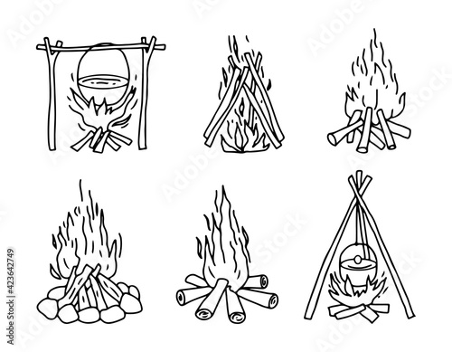 Set with different types of campfires.  Cooking appliances. Hand drawn outline illustration in doodle style. Vector