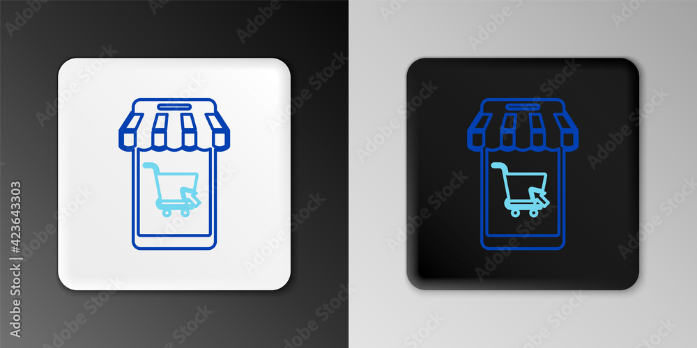 Line Mobile phone and shopping cart with striped awning icon isolated on grey background. Online buying symbol. Supermarket basket symbol. Colorful outline concept. Vector Line Mobile phone and shopping cart with striped awning icon isolated on grey background. Online buying symbol. Supermarket basket symbol. Colorful outline concept. Vector